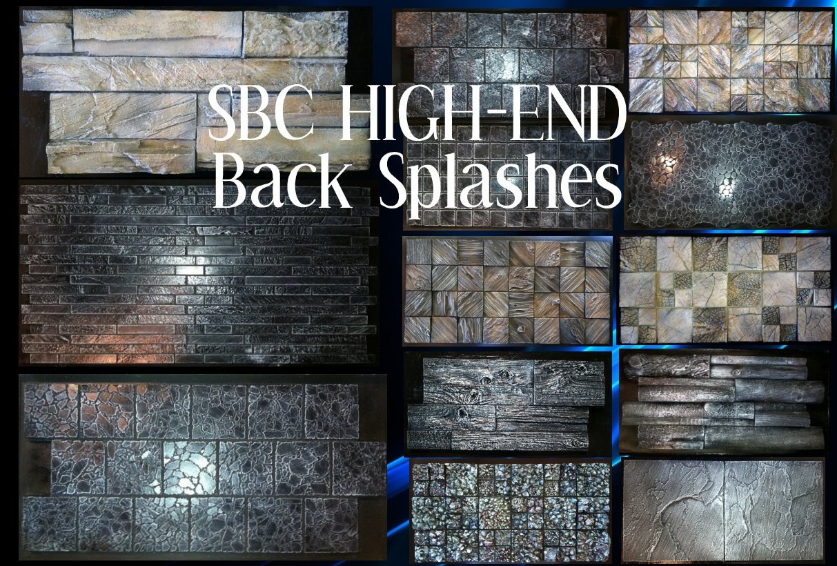 A dark display board showing eleven different SBC concrete backsplash panels: stacked stone, split slate, barn wood, mosaic squares, river rock and glass patterns in a range of colours.