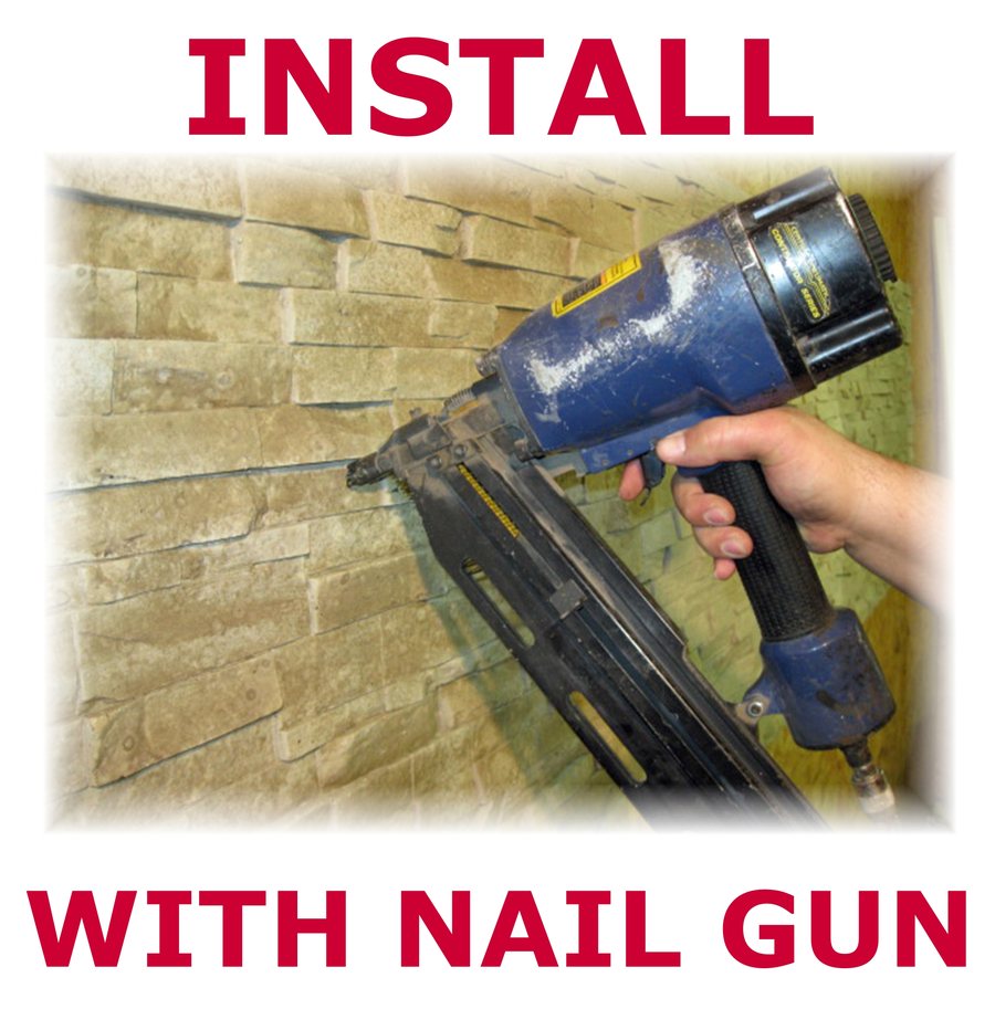 A pneumatic nail gun fixing a stacked stone concrete wall panel to a framed wall.