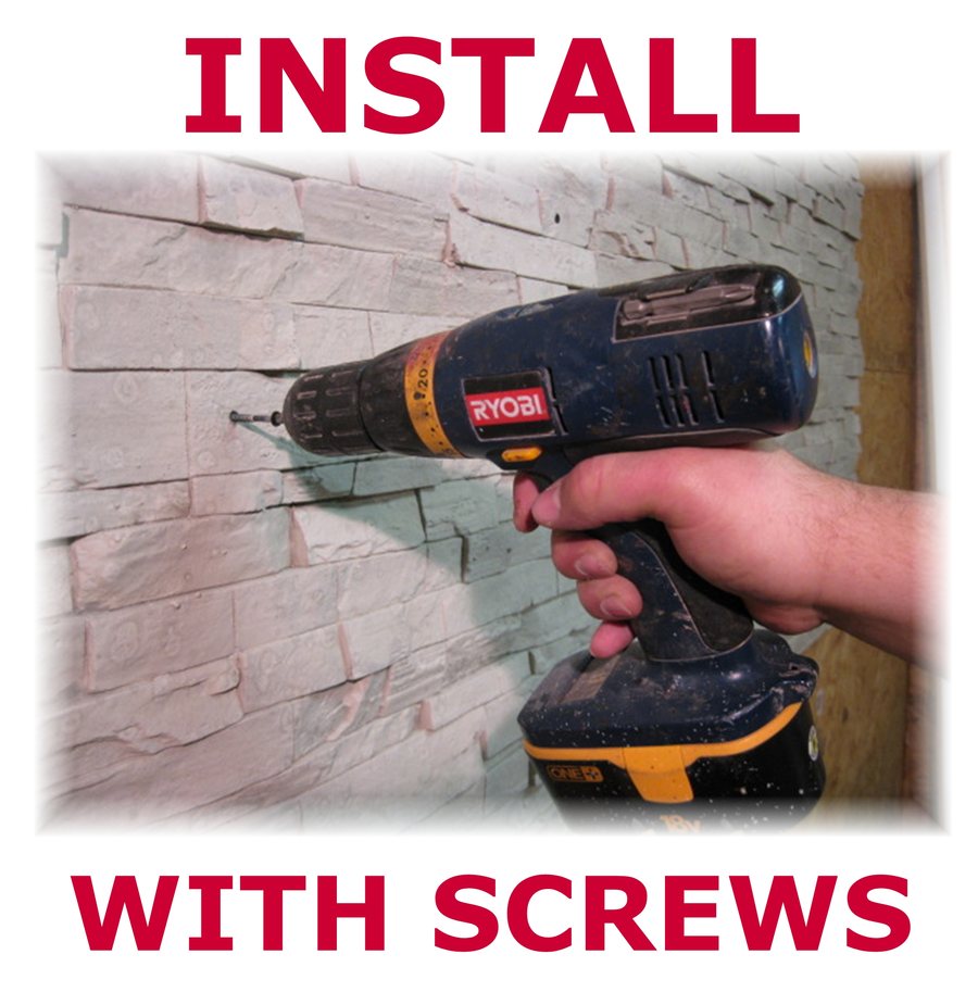 A cordless drill driving a screw through a pale stacked stone concrete wall panel into framing.