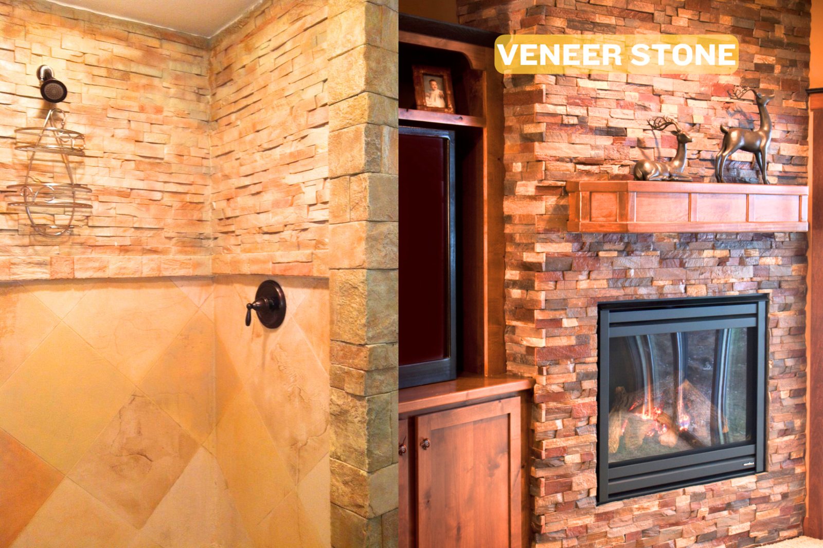 Left: a shower lined floor to ceiling in warm stacked stone veneer with a plastered lower wall. Right: a living room fireplace faced in multi-toned stacked stone with a timber mantel.