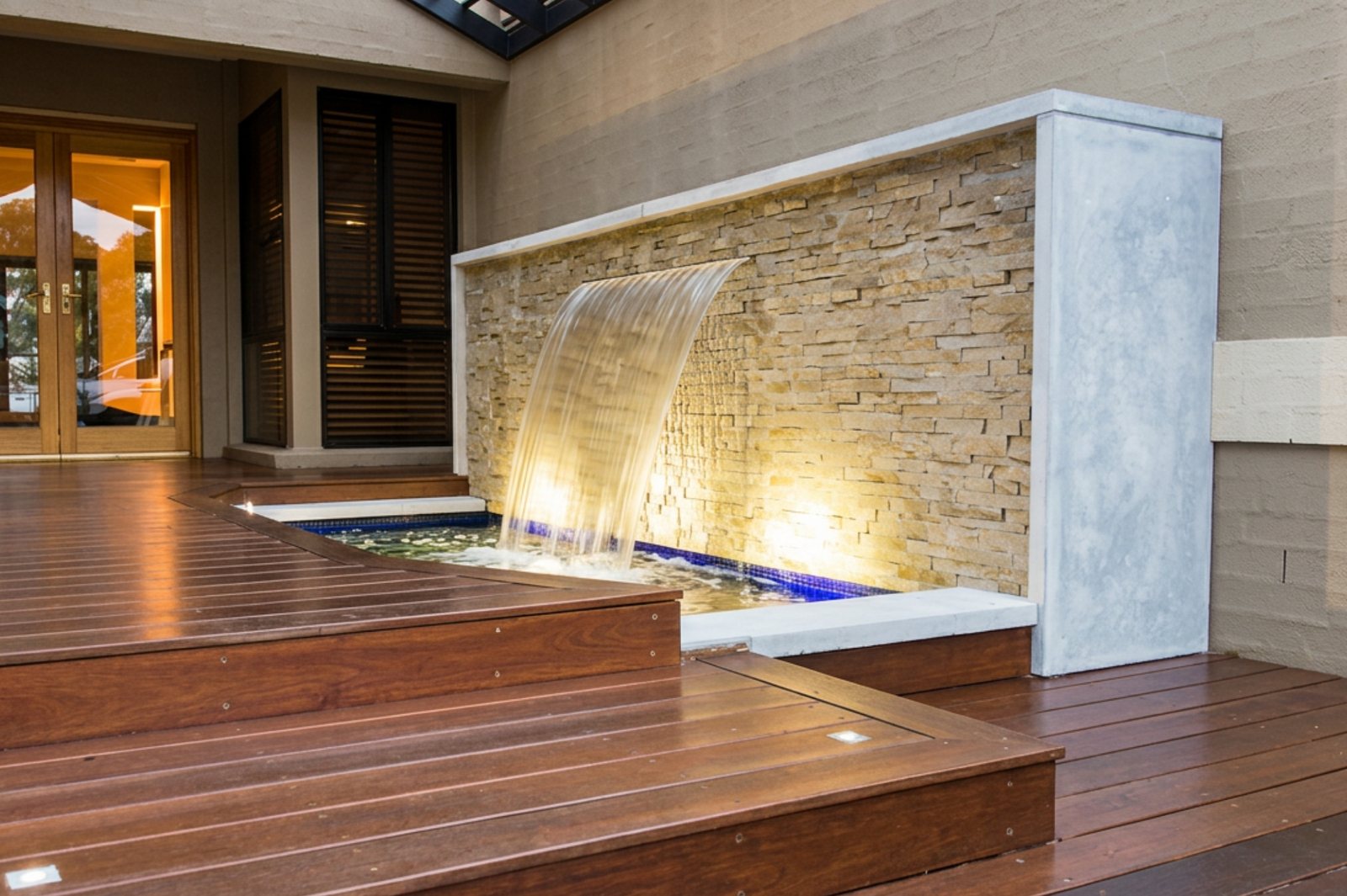 A lit water wall on a timber deck: a sheet of water falling from a stainless spout into a narrow blue-tiled pool, against a wall of warm stacked stone veneer uplit from below.