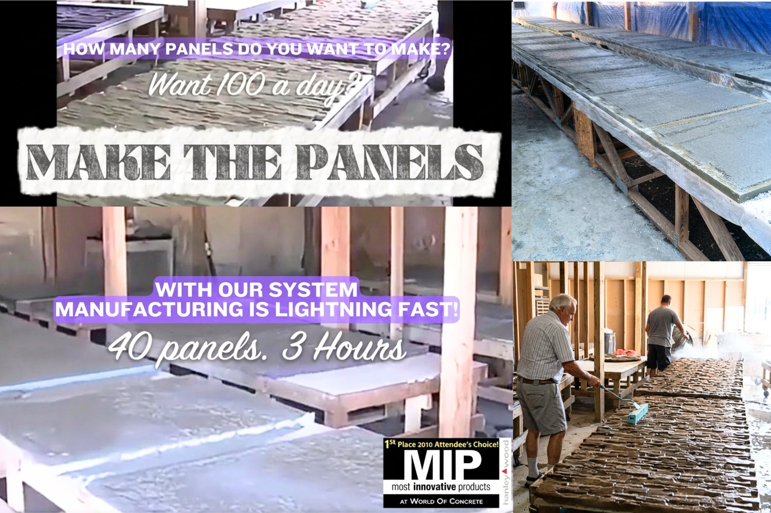 A four-part collage of a panel workshop: long casting tables with wet concrete panels, and two men rolling release agent across rows of textured molds.