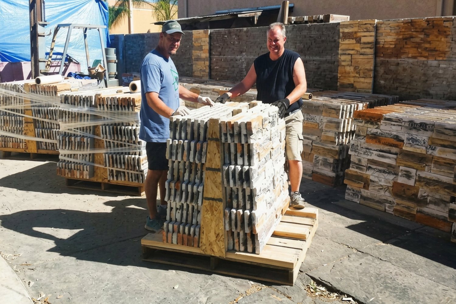 Two men standing either side of a pallet of finished stone veneer panels in a yard, with more wrapped pallets in tan and grey behind them.