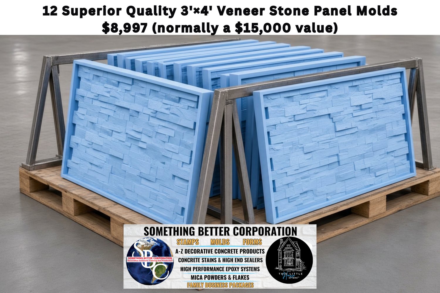 A dozen blue rubber stone veneer panel molds standing on edge in a steel rack on a wooden pallet in a warehouse.